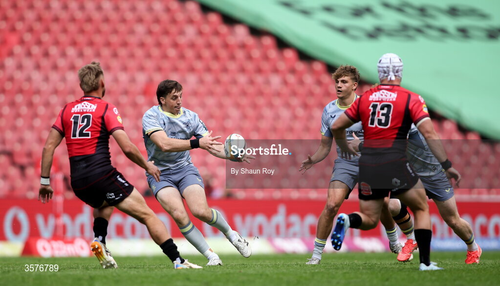 26 September 2026; Charlie Tector of Leinster in action against Richard Kriel of 10bet Lions, left, and Henco van Wyk of 10bet Lions during the United Rugby Championship match between Lions and Leinster at Ellis Park in Johannesburg, South Africa. Photo by Shaun Roy/Sportsfile