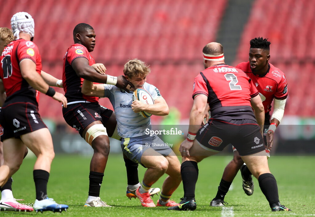 26 September 2026; Fintan Gunne of Leinster in action against PJ Botha, right, and Batho Hlekani of 10bet Lions during the United Rugby Championship match between Lions and Leinster at Ellis Park in Johannesburg, South Africa. Photo by Shaun Roy/Sportsfile