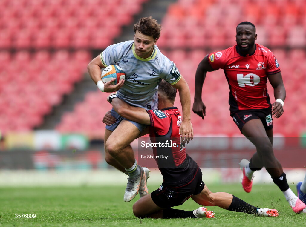 26 September 2026; Todd Lawlor of Leinster in action against Boeta Chamberlain of 10bet Lions during the United Rugby Championship match between Lions and Leinster at Ellis Park in Johannesburg, South Africa. Photo by Shaun Roy/Sportsfile