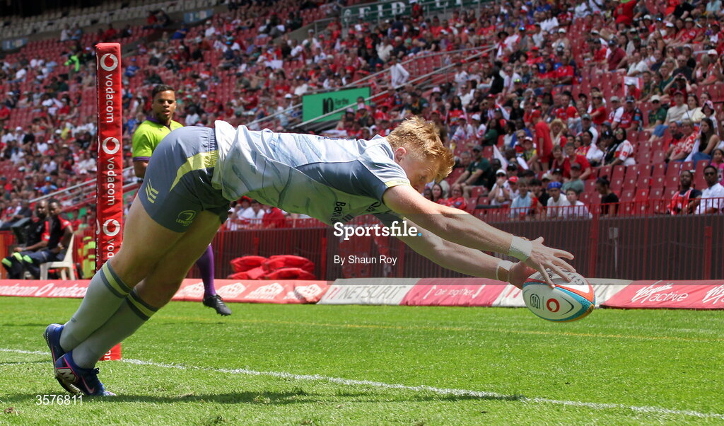 26 September 2026; Tommy O'Brien of Leinster scores a try, which was subsequently disallowed by TMO during the United Rugby Championship match between Lions and Leinster at Ellis Park in Johannesburg, South Africa. Photo by Shaun Roy/Sportsfile