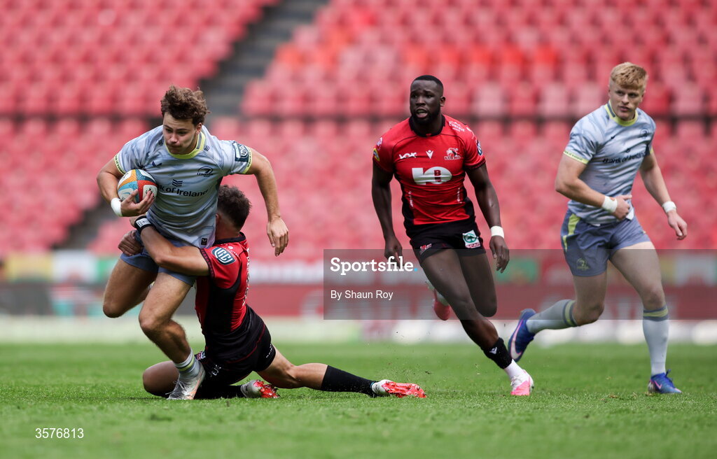 26 September 2026; Todd Lawlor of Leinster in action against Boeta Chamberlain of 10bet Lions during the United Rugby Championship match between Lions and Leinster at Ellis Park in Johannesburg, South Africa. Photo by Shaun Roy/Sportsfile