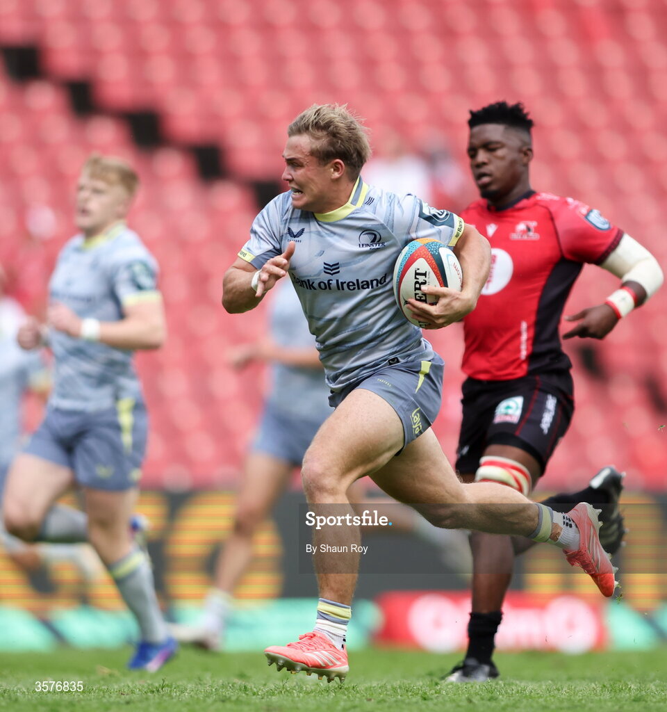 26 September 2026; Fintan Gunne on his way to scoring his side's third try during the United Rugby Championship match between Lions and Leinster at Ellis Park in Johannesburg, South Africa. Photo by Shaun Roy/Sportsfile