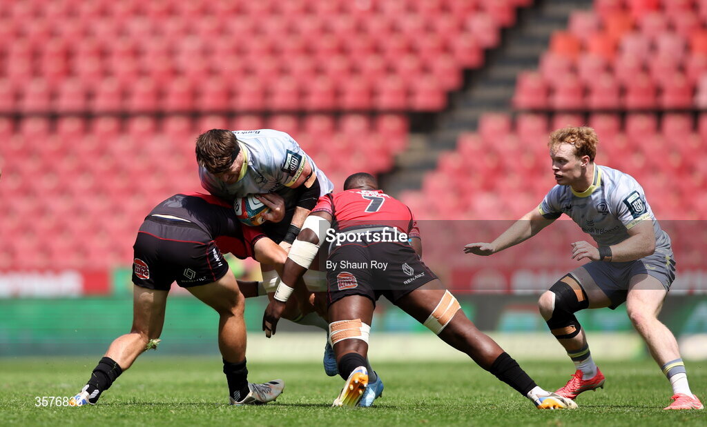 26 September 2026; Ryan Baird of Leinster in action against Richard Kriel, left, and Batho Hlekani of 10bet Lions during the United Rugby Championship match between Lions and Leinster at Ellis Park in Johannesburg, South Africa. Photo by Shaun Roy/Sportsfile