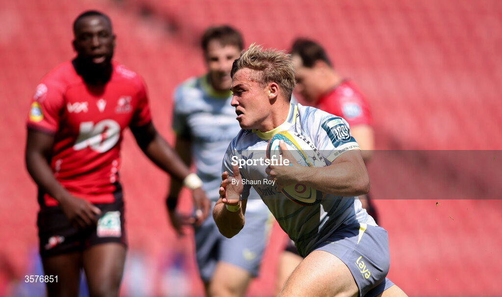 26 September 2026; Fintan Gunne of Leinster on his way to scoring his side's third try during the United Rugby Championship match between Lions and Leinster at Ellis Park in Johannesburg, South Africa. Photo by Shaun Roy/Sportsfile
