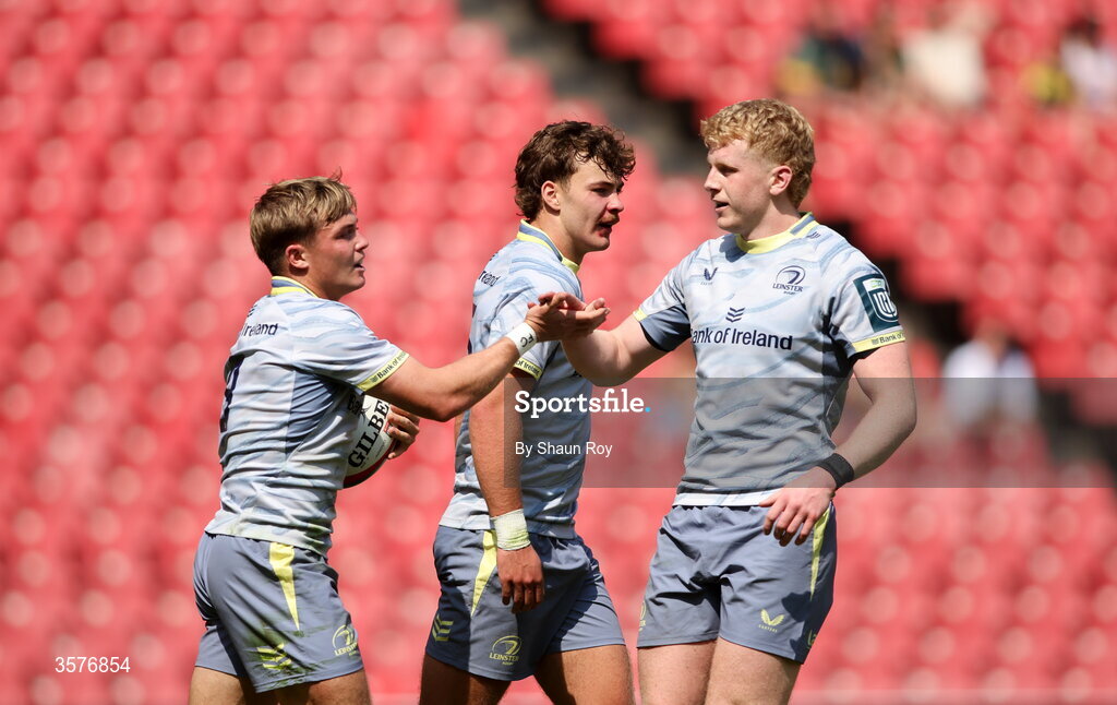 26 September 2026; Fintan Gunne of Leinster celebrates with teammates Andrew Osborne, right, and Todd Lawlor during the United Rugby Championship match between Lions and Leinster at Ellis Park in Johannesburg, South Africa. Photo by Shaun Roy/Sportsfile