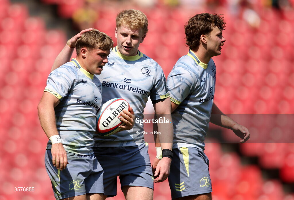 26 September 2026; Fintan Gunne of Leinster celebrates with teammates Andrew Osborne, center, and Todd Lawlor during the United Rugby Championship match between Lions and Leinster at Ellis Park in Johannesburg, South Africa. Photo by Shaun Roy/Sportsfile