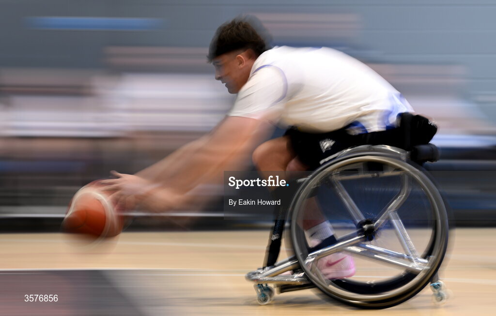 26 September 2026; Conor Dufficy of Clonaslee WBC in action during the Basketball Ireland National Cup quarter-final between Titans BC and Clonaslee WBC in the Irish Wheelchair Association Sports Hall in Clontarf, Dublin. Photo by Eakin Howard/Sportsfile