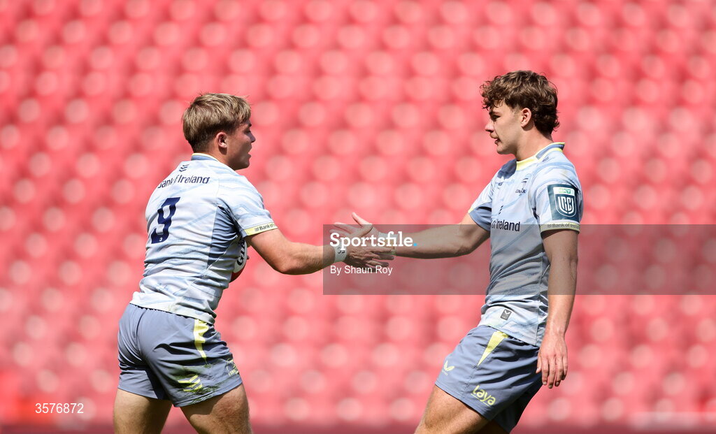 26 September 2026; Fintan Gunne of Leinster celebrates with teammate Todd Lawlor after scoing his side's third try during the United Rugby Championship match between Lions and Leinster at Ellis Park in Johannesburg, South Africa. Photo by Shaun Roy/Sportsfile
