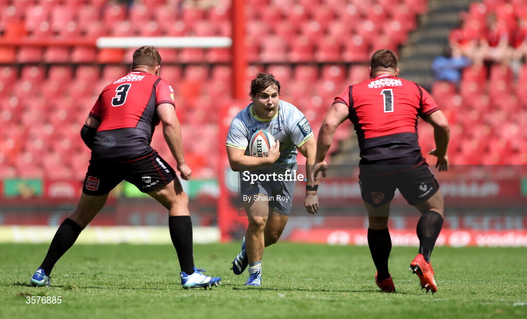 26 September 2026; Alex Usanov of Leinster in action against Sebastian de Klerk, left, and Boan Venter of 10bet Lions during the United Rugby Championship match between Lions and Leinster at Ellis Park in Johannesburg, South Africa. Photo by Shaun Roy/Sportsfile