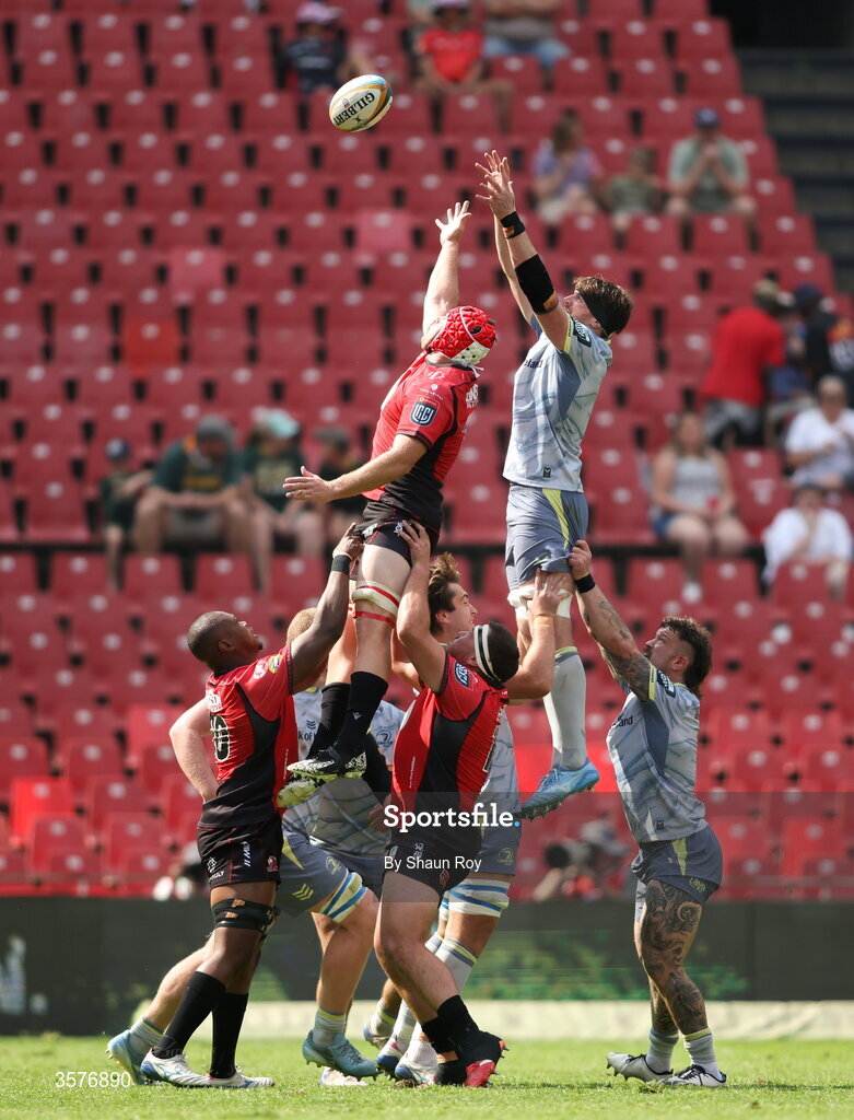 26 September 2026; Ryan Baird of Leinster contests a lineout during the United Rugby Championship match between Lions and Leinster at Ellis Park in Johannesburg, South Africa. Photo by Shaun Roy/Sportsfile