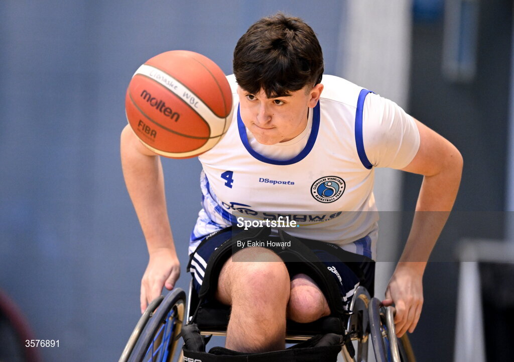 26 September 2026; Conor Dufficy of Clonaslee WBC in action during the Basketball Ireland National Cup quarter-final between Titans BC and Clonaslee WBC in the Irish Wheelchair Association Sports Hall in Clontarf, Dublin. Photo by Eakin Howard/Sportsfile