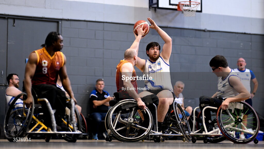 26 September 2026; Ross Doran of Clonaslee WBC in action against Stephen Melvin of Titans BC during the Basketball Ireland National Cup quarter-final between Titans BC and Clonaslee WBC in the Irish Wheelchair Association Sports Hall in Clontarf, Dublin. Photo by Eakin Howard/Sportsfile