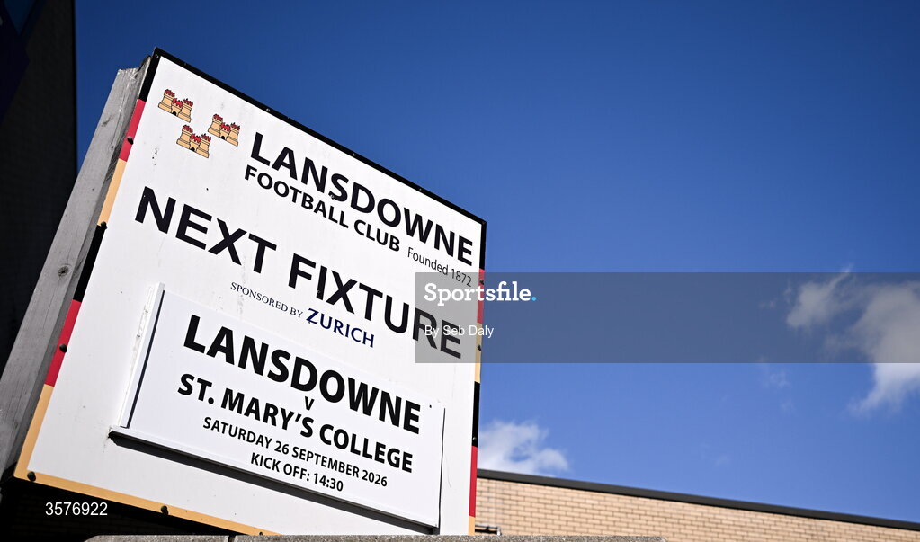 26 September 2026; A sign displays the match fixture before the Energia Men's All-Ireland League Division 1A match between Lansdowne FC and St Mary's College RFC at the Aviva Stadium in Dublin. Photo by Seb Daly/Sportsfile