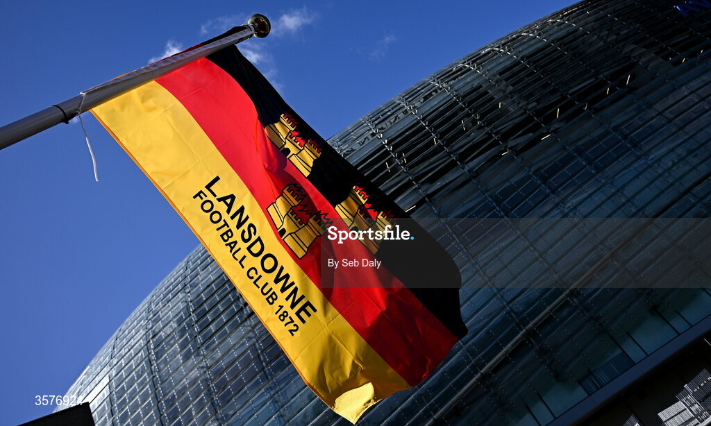 26 September 2026; A Lansdowne FC flag flies in front of the Aviva Stadium before the Energia Men's All-Ireland League Division 1A match between Lansdowne FC and St Mary's College RFC at the Aviva Stadium in Dublin. Photo by Seb Daly/Sportsfile