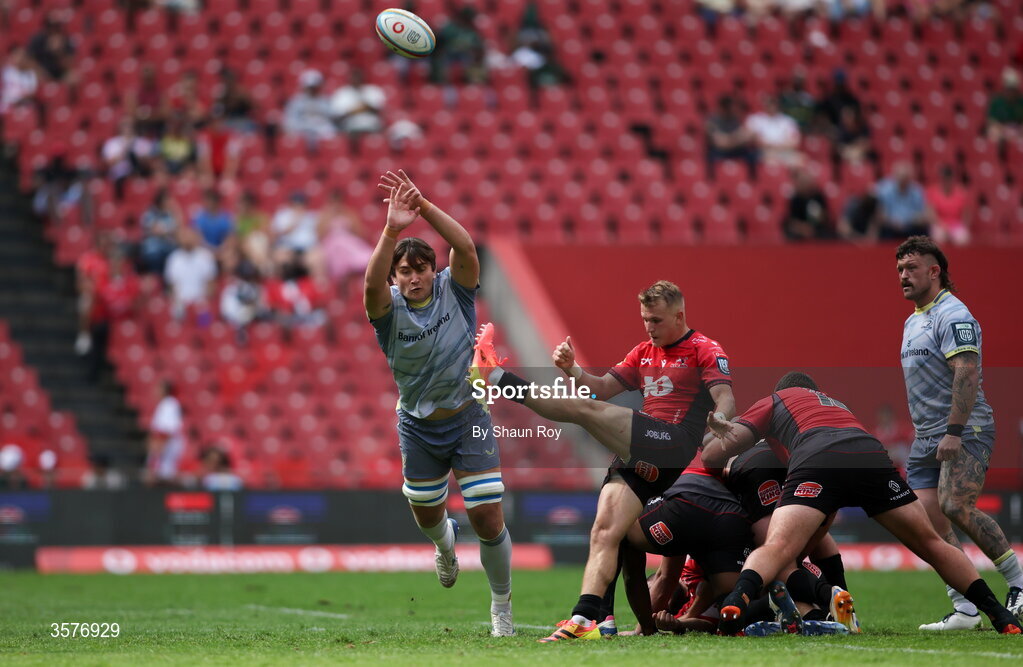 26 September 2026; Brian Deeney of Leinster attempts to block down a kick during the United Rugby Championship match between Lions and Leinster at Ellis Park in Johannesburg, South Africa. Photo by Shaun Roy/Sportsfile