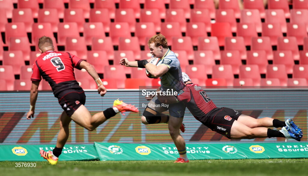 26 September 2026; Hugh Cooney of Leinster is tackled by Henco van Wyk of 10bet Lions during the United Rugby Championship match between Lions and Leinster at Ellis Park in Johannesburg, South Africa. Photo by Shaun Roy/Sportsfile