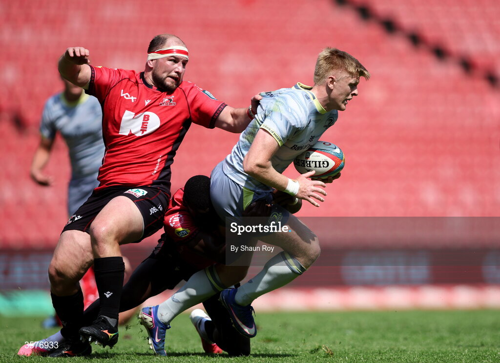 26 September 2026; Tommy O'Brien of Leinster in action against PJ Botha of 10bet Lions during the United Rugby Championship match between Lions and Leinster at Ellis Park in Johannesburg, South Africa. Photo by Shaun Roy/Sportsfile
