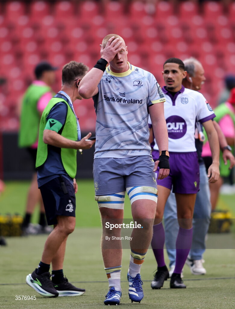 26 September 2026; Dylan McNeice of Leinster reacts after being shown a yellow card during the United Rugby Championship match between Lions and Leinster at Ellis Park in Johannesburg, South Africa. Photo by Shaun Roy/Sportsfile