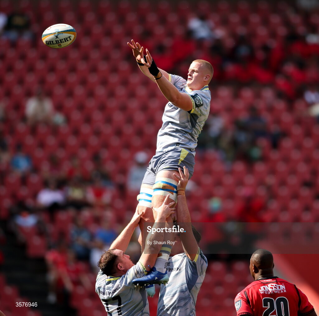 26 September 2026; Dylan McNeice of Leinster catches a lineout during the United Rugby Championship match between Lions and Leinster at Ellis Park in Johannesburg, South Africa. Photo by Shaun Roy/Sportsfile