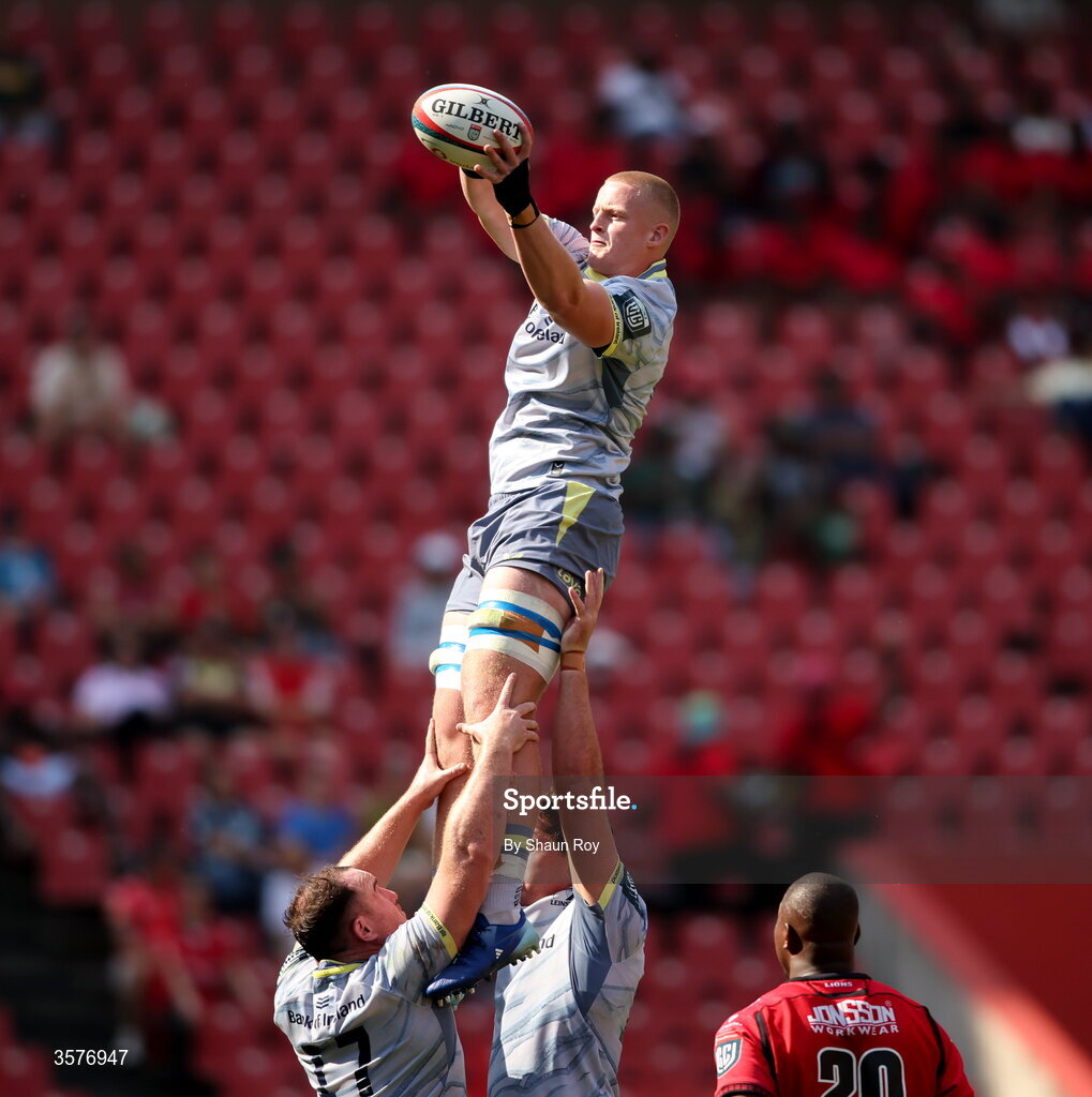 26 September 2026; Dylan McNeice of Leinster catches a lineout during the United Rugby Championship match between Lions and Leinster at Ellis Park in Johannesburg, South Africa. Photo by Shaun Roy/Sportsfile