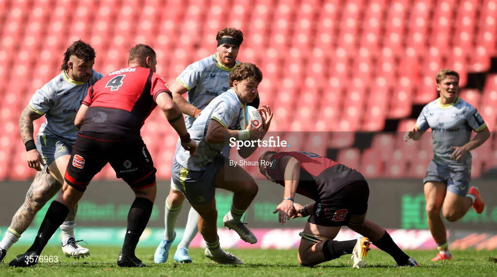 26 September 2026; Todd Lawlor of Leinster in action against Etienne Oosthuizen, left, and Ruan Delport of 10bet Lions during the United Rugby Championship match between Lions and Leinster at Ellis Park in Johannesburg, South Africa. Photo by Shaun Roy/Sportsfile