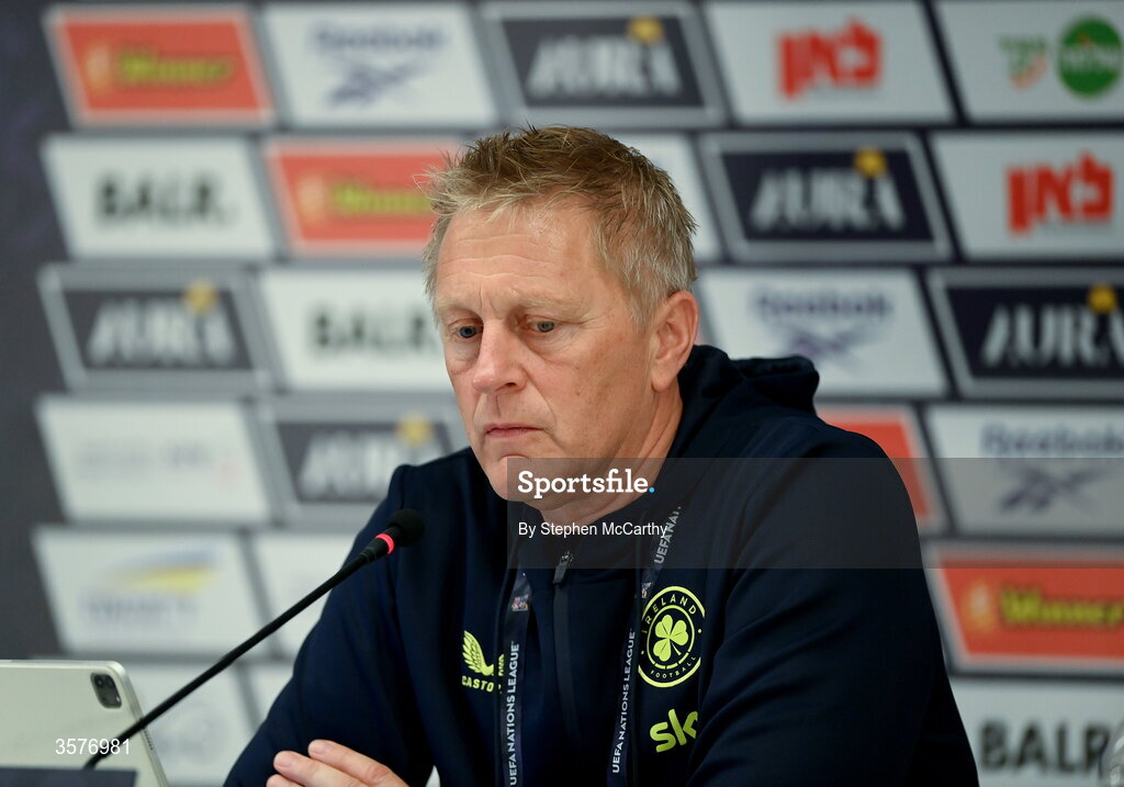 26 September 2026; Republic of Ireland head coach Heimir Hallgrimsson during the Republic of Ireland press conference at Nagyerdei Stadion in Debrecen, Hungary. Photo by Stephen McCarthy/Sportsfile