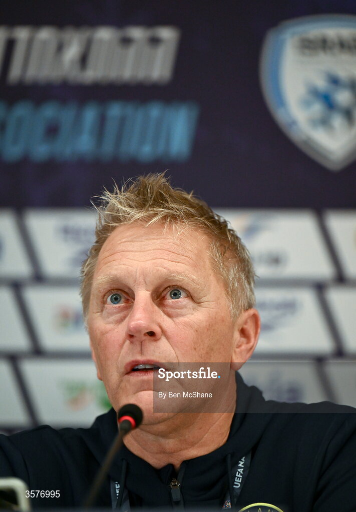 26 September 2026; Republic of Ireland head coach Heimir Hallgrimsson during the Republic of Ireland press conference at Nagyerdei Stadion in Debrecen, Hungary. Photo by Ben McShane/Sportsfile