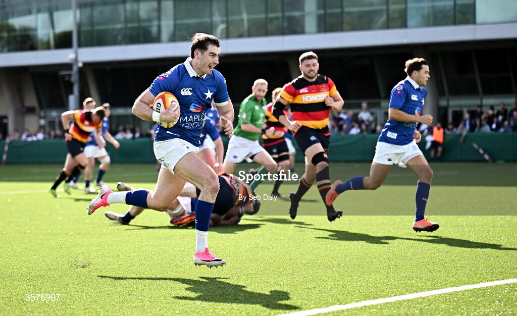 26 September 2026; Ruairi Shields of St Mary’s College on his way to scoring his side's first try during the Energia Men's All-Ireland League Division 1A match between Lansdowne FC and St Mary's College RFC at the Aviva Stadium in Dublin. Photo by Seb Daly/Sportsfile