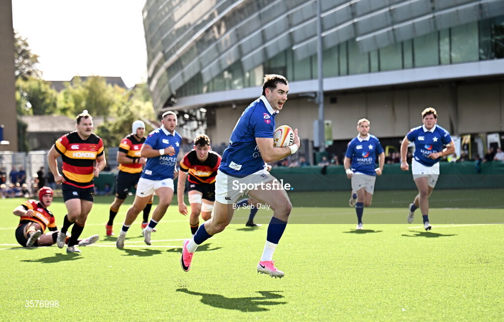 26 September 2026; Ruairi Shields of St Mary’s College on his way to scoring his side's first try during the Energia Men's All-Ireland League Division 1A match between Lansdowne FC and St Mary's College RFC at the Aviva Stadium in Dublin. Photo by Seb Daly/Sportsfile