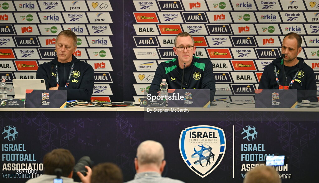 26 September 2026; From left, Republic of Ireland head coach Heimir Hallgrimsson, FAI chief executive officer David Courell and FAI director of football John Martin during the Republic of Ireland press conference at Nagyerdei Stadion in Debrecen, Hungary. Photo by Ben McShane/Sportsfile