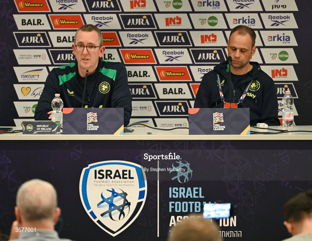 26 September 2026; FAI chief executive officer David Courell, left and FAI director of football John Martin during the Republic of Ireland press conference at Nagyerdei Stadion in Debrecen, Hungary. Photo by Ben McShane/Sportsfile
