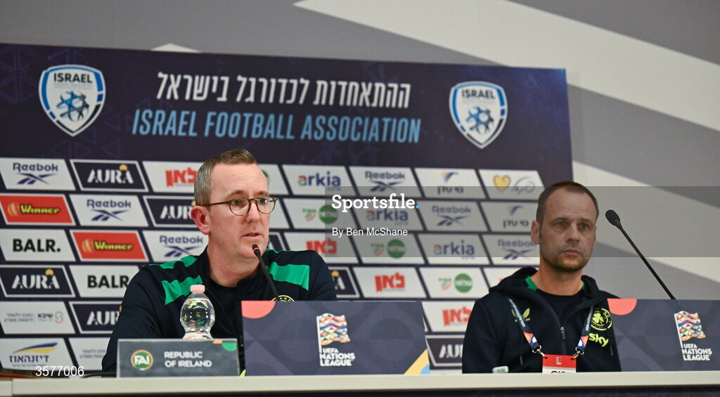 26 September 2026; FAI chief executive officer David Courell, left and FAI director of football John Martin during the Republic of Ireland press conference at Nagyerdei Stadion in Debrecen, Hungary. Photo by Ben McShane/Sportsfile