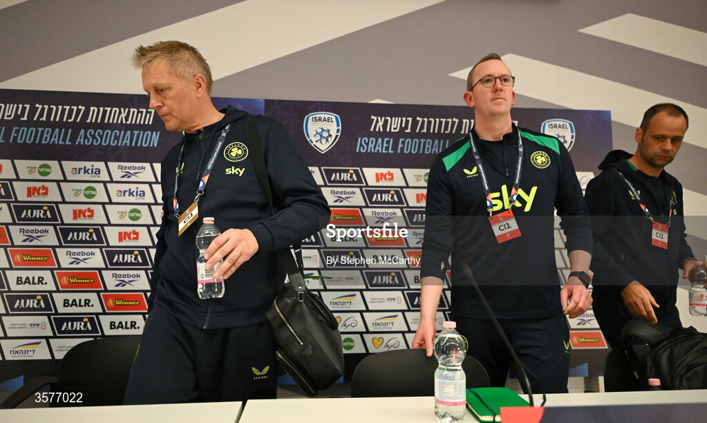 26 September 2026; From left, Republic of Ireland head coach Heimir Hallgrimsson, FAI chief executive officer David Courell and FAI director of football John Martin arrive during the Republic of Ireland press conference at Nagyerdei Stadion in Debrecen, Hungary. Photo by Ben McShane/Sportsfile