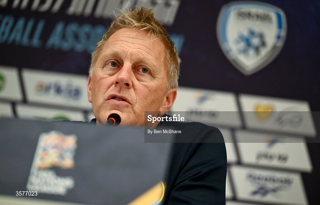 26 September 2026; Republic of Ireland head coach Heimir Hallgrimsson during the Republic of Ireland press conference at Nagyerdei Stadion in Debrecen, Hungary. Photo by Ben McShane/Sportsfile
