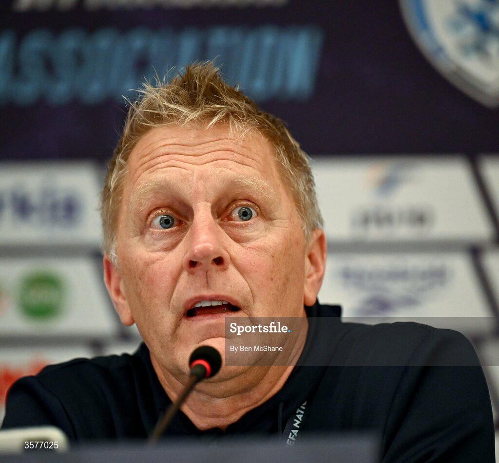 26 September 2026; Republic of Ireland head coach Heimir Hallgrimsson during the Republic of Ireland press conference at Nagyerdei Stadion in Debrecen, Hungary. Photo by Ben McShane/Sportsfile