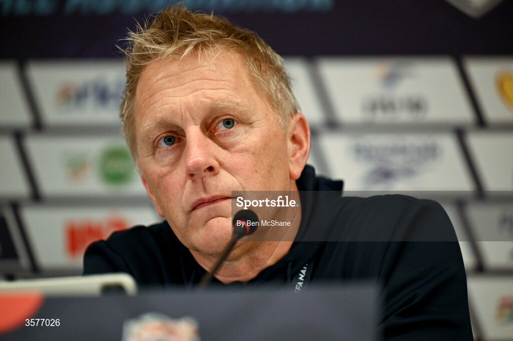 26 September 2026; Republic of Ireland head coach Heimir Hallgrimsson during the Republic of Ireland press conference at Nagyerdei Stadion in Debrecen, Hungary. Photo by Ben McShane/Sportsfile
