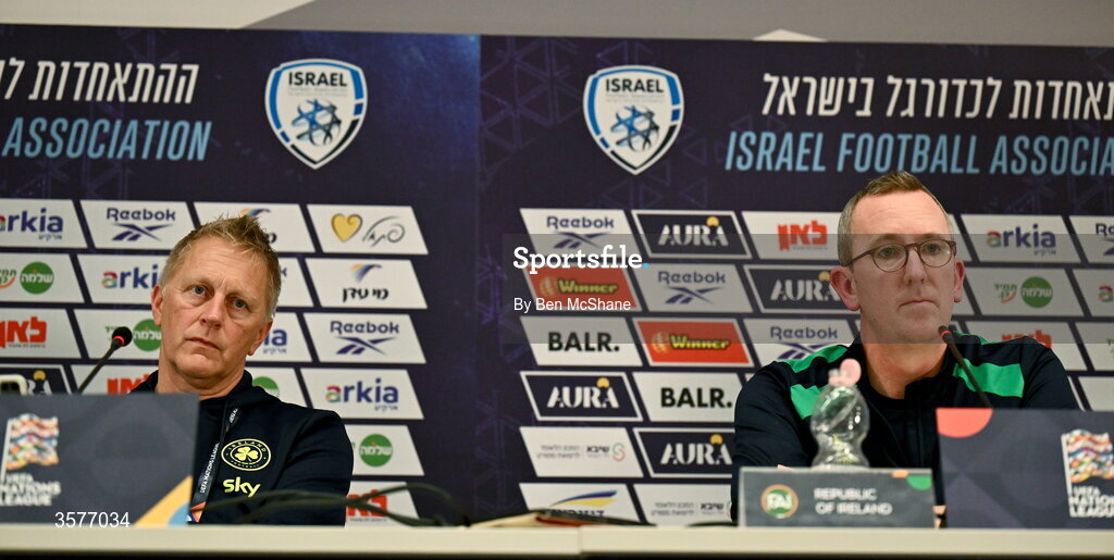 26 September 2026; From left, Republic of Ireland head coach Heimir Hallgrimsson and FAI chief executive officer David Courell during the Republic of Ireland press conference at Nagyerdei Stadion in Debrecen, Hungary. Photo by Ben McShane/Sportsfile