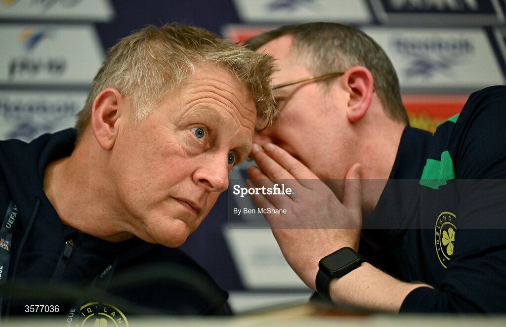 26 September 2026; Republic of Ireland head coach Heimir Hallgrimsson, left, and FAI chief executive officer David Courell during the Republic of Ireland press conference at Nagyerdei Stadion in Debrecen, Hungary. Photo by Ben McShane/Sportsfile