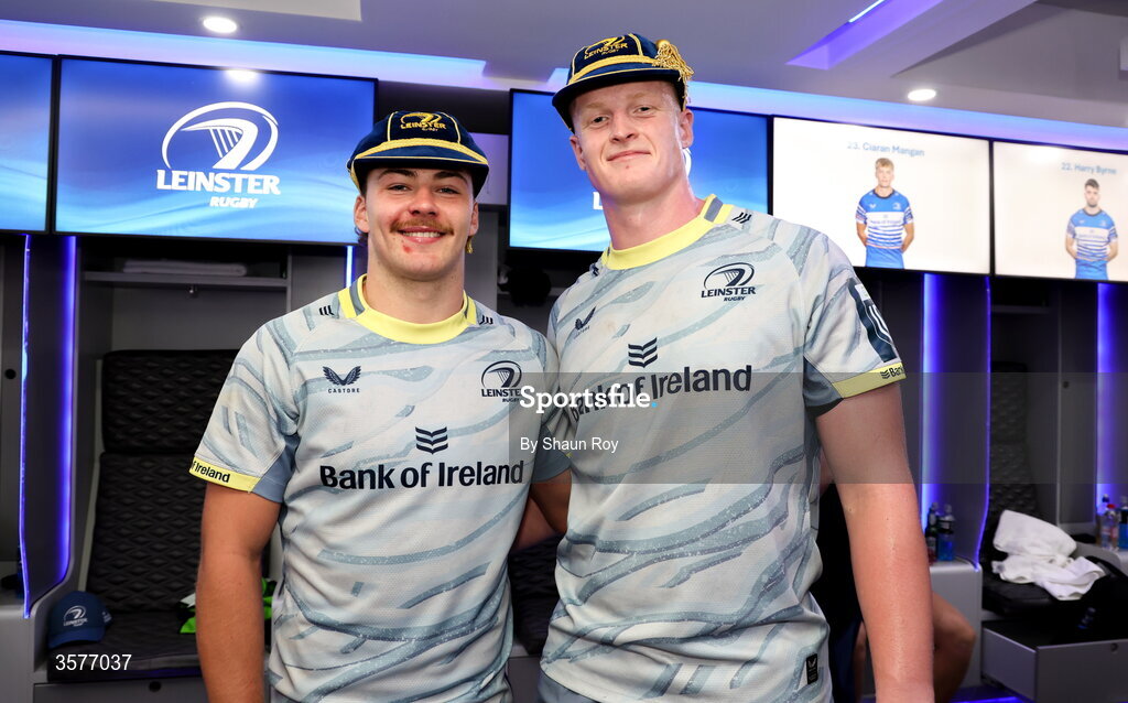 26 September 2026; Leinster debutants Todd Lawlor, left, and Dylan McNeice with their caps after the United Rugby Championship match between Lions and Leinster at Ellis Park in Johannesburg, South Africa. Photo by Shaun Roy/Sportsfile