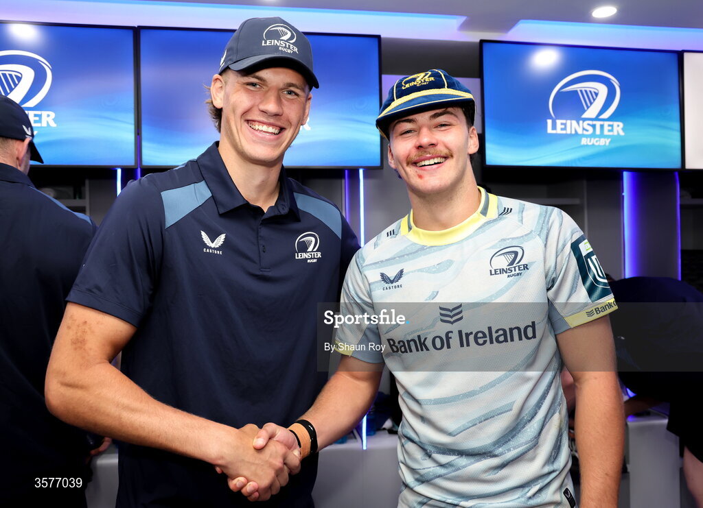 26 September 2026; Leinster debutant Todd Lawlor is presented with his first cap by teammate Sam Prendergast after the United Rugby Championship match between Lions and Leinster at Ellis Park in Johannesburg, South Africa. Photo by Shaun Roy/Sportsfile