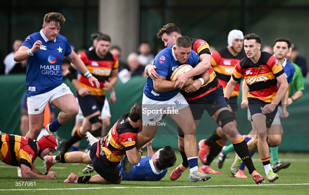 26 September 2026; Dan Goggin of St Mary’s College is tackled by Lansdowne players Wilhelm De Klerk, left, and Juan Beukes during the Energia Men's All-Ireland League Division 1A match between Lansdowne FC and St Mary's College RFC at the Aviva Stadium in Dublin. Photo by Seb Daly/Sportsfile