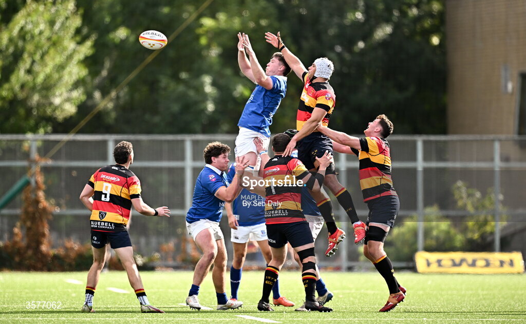 26 September 2026; Braemar Murray of St Mary’s College takes possession in a lineout ahead of John Forde of Lansdowne during the Energia Men's All-Ireland League Division 1A match between Lansdowne FC and St Mary's College RFC at the Aviva Stadium in Dublin. Photo by Seb Daly/Sportsfile
