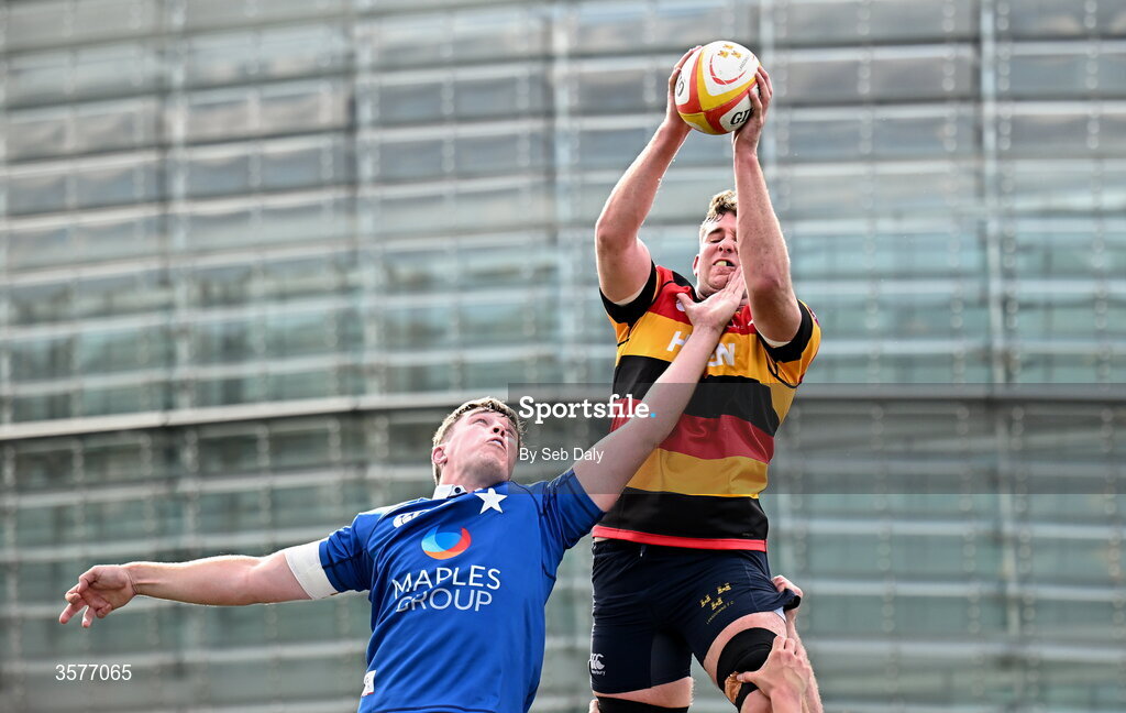 26 September 2026; Juan Beukes of Lansdowne takes possession in a lineout ahead of Braemar Murray of St Mary’s College during the Energia Men's All-Ireland League Division 1A match between Lansdowne FC and St Mary's College RFC at the Aviva Stadium in Dublin. Photo by Seb Daly/Sportsfile