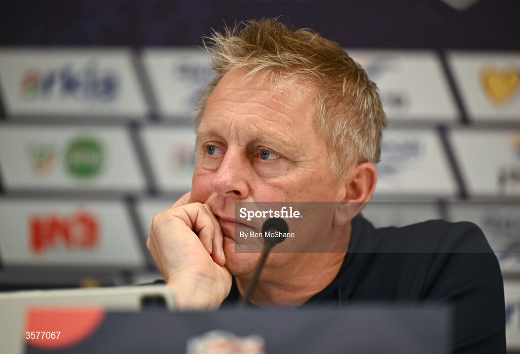 26 September 2026; Republic of Ireland head coach Heimir Hallgrimsson during the Republic of Ireland press conference at Nagyerdei Stadion in Debrecen, Hungary. Photo by Ben McShane/Sportsfile