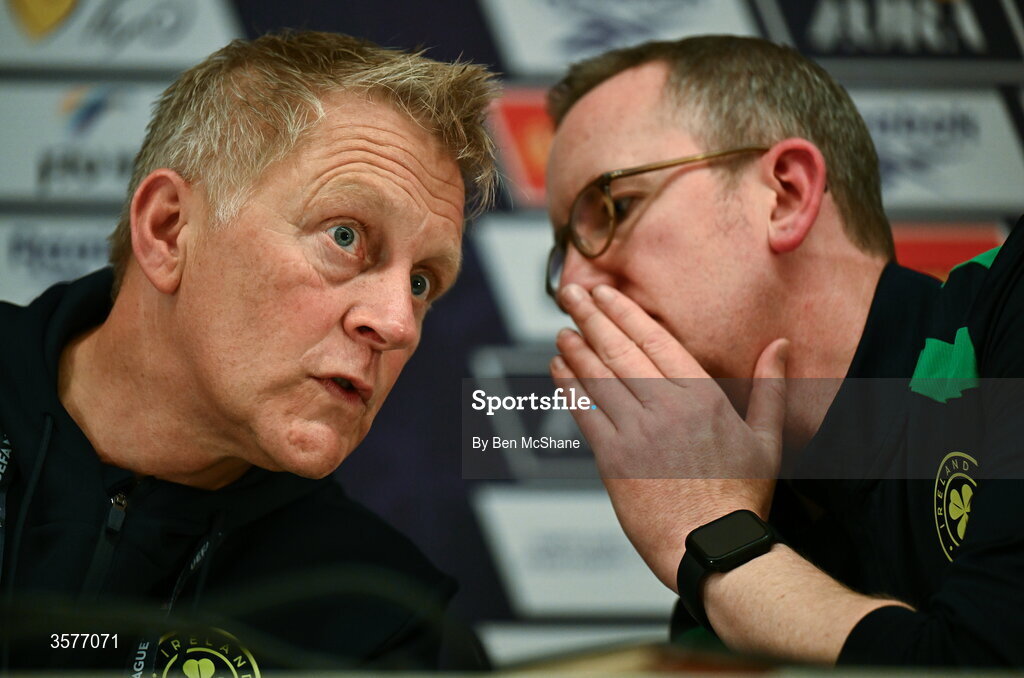 26 September 2026; Republic of Ireland head coach Heimir Hallgrimsson, left, and FAI chief executive officer David Courell during the Republic of Ireland press conference at Nagyerdei Stadion in Debrecen, Hungary. Photo by Ben McShane/Sportsfile