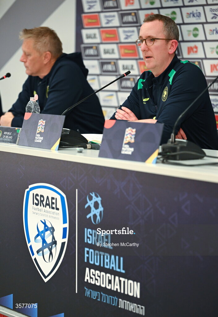 26 September 2026; Republic of Ireland head coach Heimir Hallgrimsson, left, and FAI chief executive officer David Courell during the Republic of Ireland press conference at Nagyerdei Stadion in Debrecen, Hungary. Photo by Ben McShane/Sportsfile