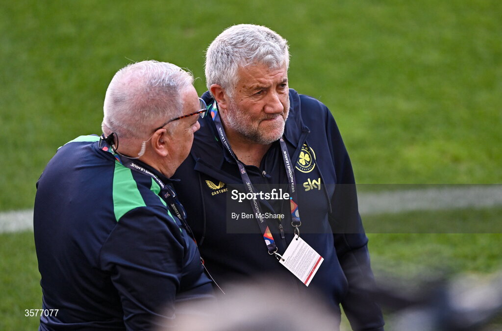 26 September 2026; FAI President Paul Cooke, right, with FAI head of security Joe McGlue before the Republic of Ireland training session at Nagyerdei Stadion in Debrecen, Hungary. Photo by Ben McShane/Sportsfile