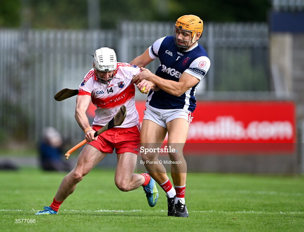 26 September 2026; Lee Gannon of Whitehall Colmcille in action against Diarmuid Ó Floinn of Cuala during the PTSB Dublin County Senior Club Hurling Championship Quarter-Final between Cuala and Whitehall Colmcilles at Parnell Park in Dublin. Photo by Piaras Ó Mídheach/Sportsfile