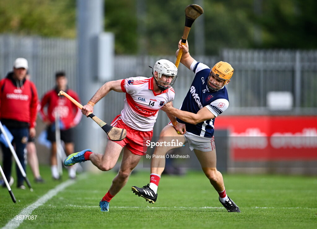 26 September 2026; Lee Gannon of Whitehall Colmcille in action against Diarmuid Ó Floinn of Cuala during the PTSB Dublin County Senior Club Hurling Championship Quarter-Final between Cuala and Whitehall Colmcilles at Parnell Park in Dublin. Photo by Piaras Ó Mídheach/Sportsfile