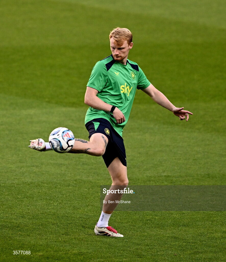 26 September 2026; Liam Scales during the Republic of Ireland training session at Nagyerdei Stadion in Debrecen, Hungary. Photo by Ben McShane/Sportsfile